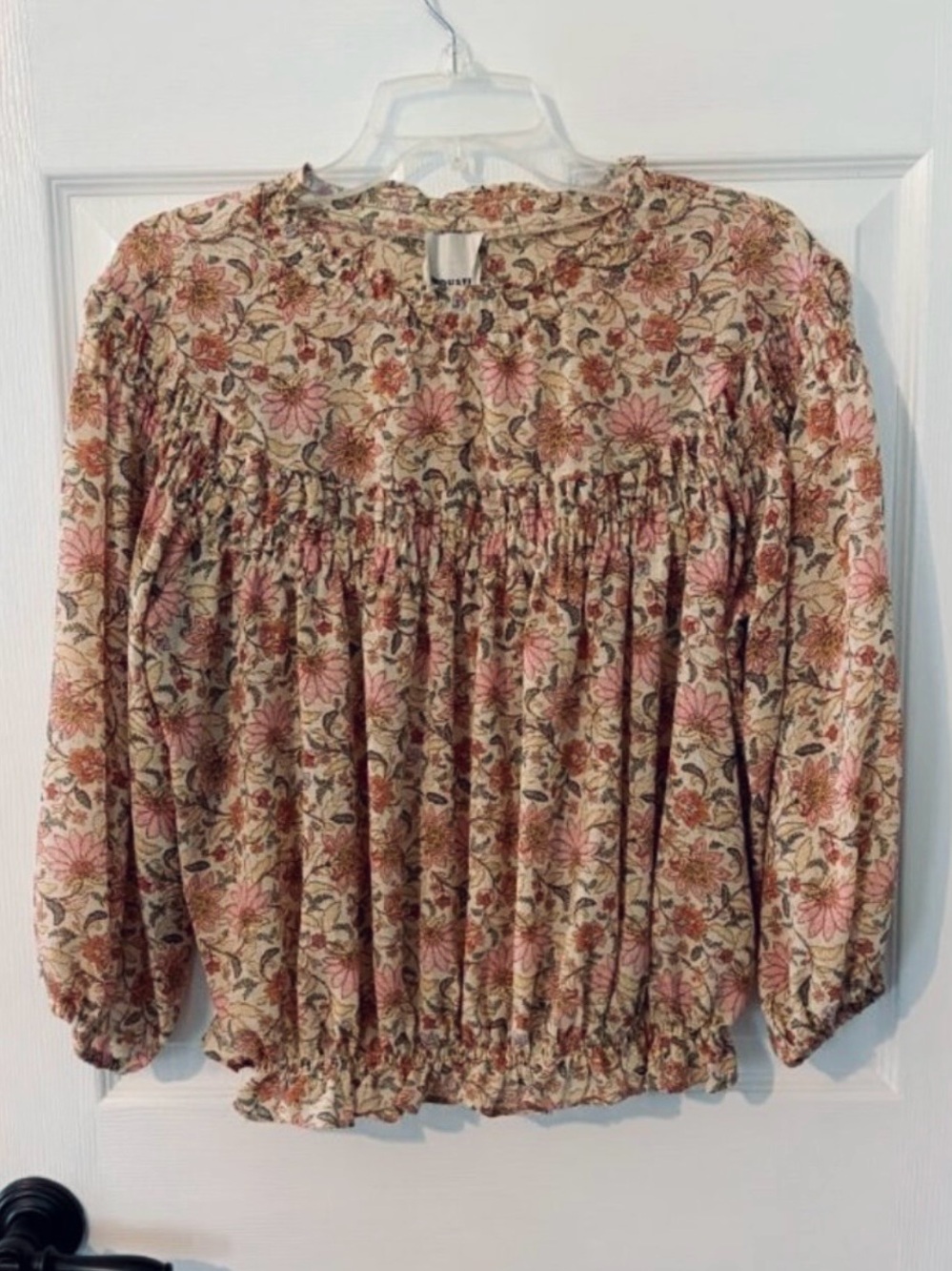 Cream Floral Smocked Blouse L Cottagecore Balloon Sleeve Boho Top for Fall